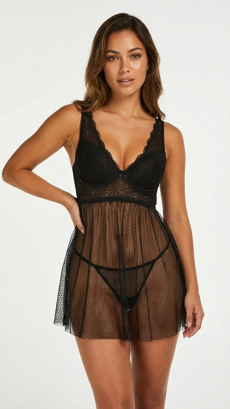 LunaIntim Siyah Puantiyeli Tül Babydoll Transparan ve Fırfırlı Gecelik Takımı - Puantiyeli Detay